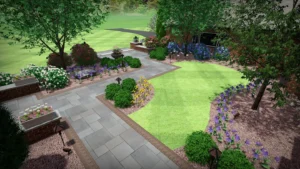 residential landscaping 3D rendering path to outdoor living area