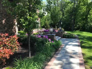 residential landscaping completed project shaded pathway